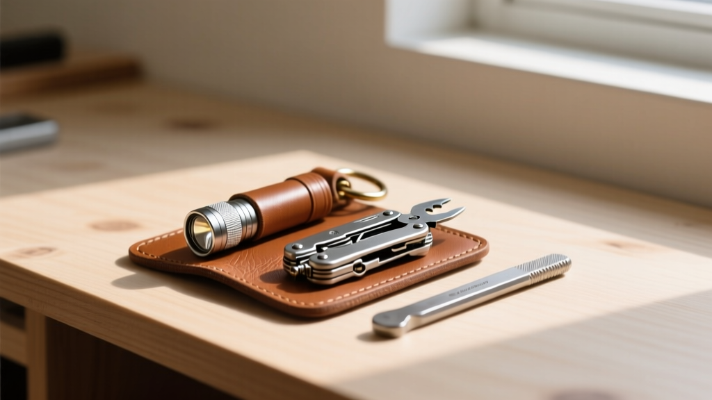 A minimalist leather keychain organizer holding a micro flashlight, compact multi-tool, and titanium pry bar on a workbench