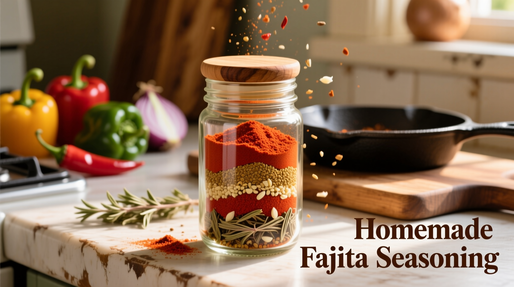 Homemade fajita seasoning in glass jar with spices