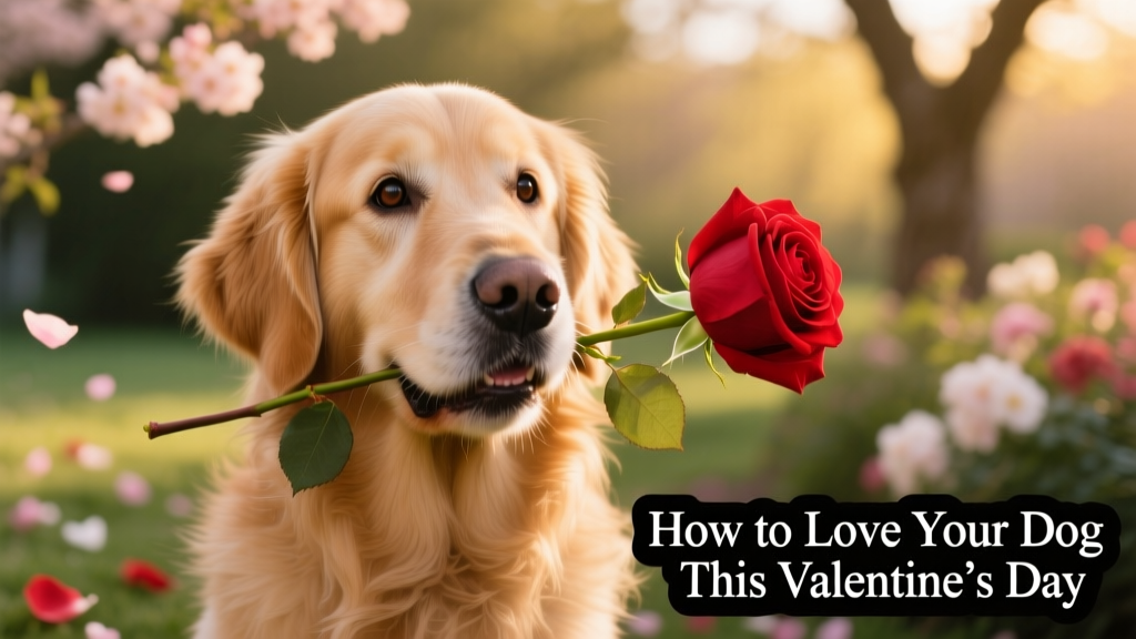 a Golden Retriever holding a big red flower by the stalk in its mouth