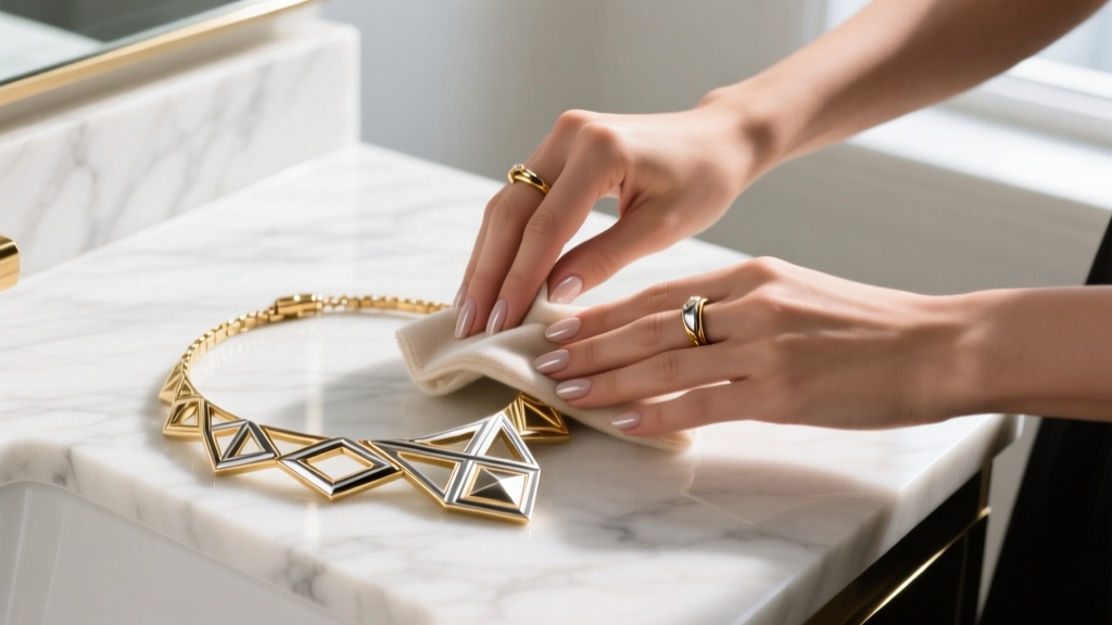 Close-up of hands gently wiping a rhodium-plated brass statement necklace with a microfiber cloth over a marble vanity surface