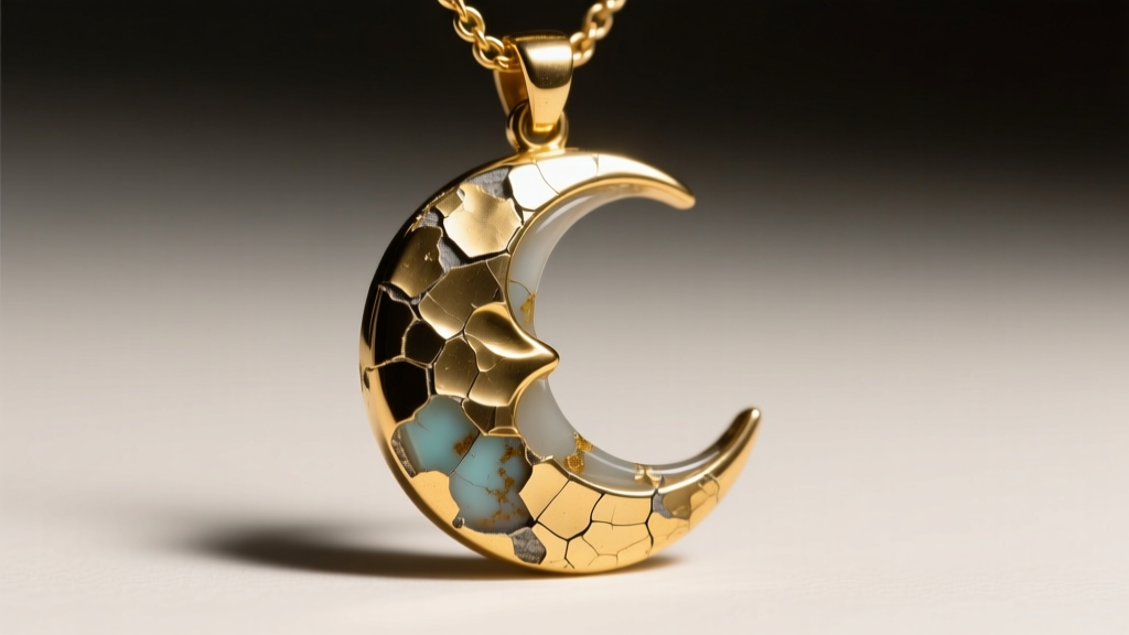 Macro shot showing peeling gold plating and chipped epoxy resin on a cheap brass moon sun necklace pendant under harsh lighting.