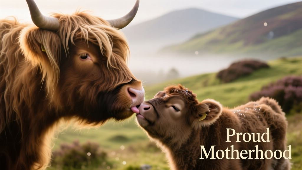 Close-up of a Highland cow licking her calf's forehead as the calf blinks softly