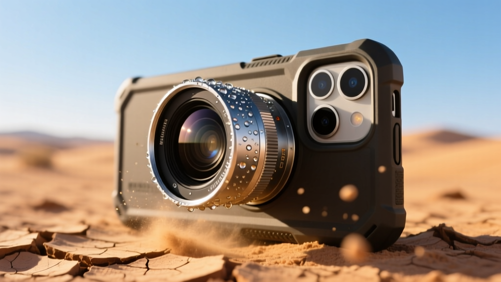 Close-up of a weather-sealed anamorphic phone lens being attached to a rugged smartphone case in a dusty desert environment.