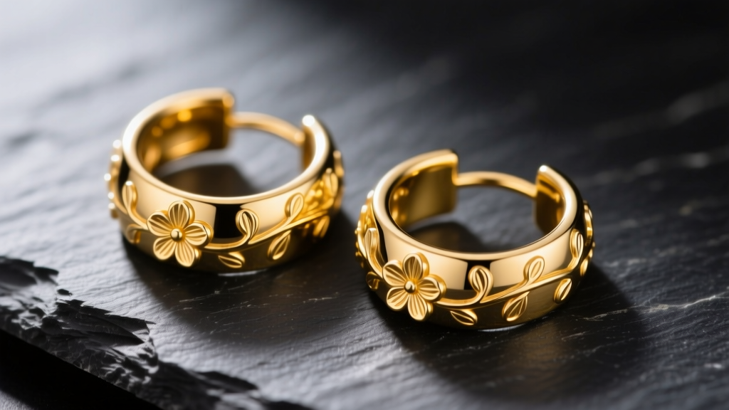 Macro shot of 14k yellow gold hoop earrings with floral etching on dark slate, soft light highlighting engraved grooves.