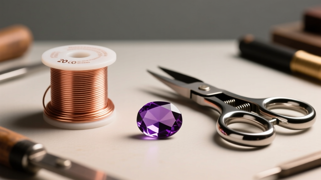 Workbench holding a spool of 20-gauge copper wire, flush cutters, and a polished amethyst cabochon under warm lighting.