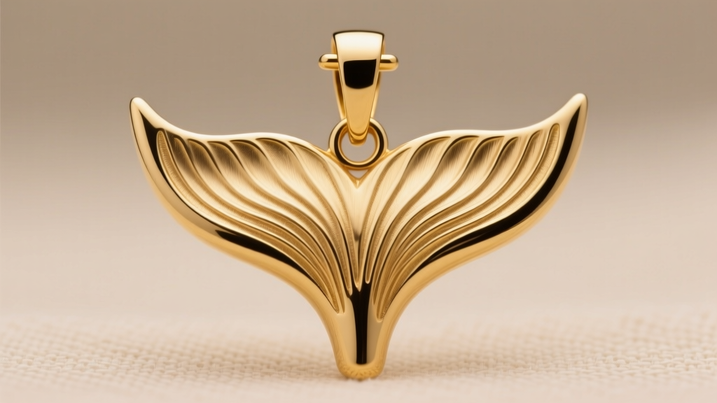 Macro shot of an 18k gold whale tail pendant with a brushed matte finish, highlighting intricate fluke details and a hidden bail
