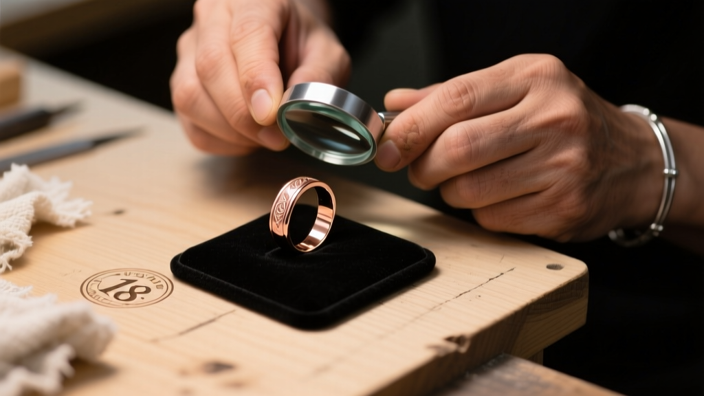 Jeweler inspecting the hallmark inside a vintage 18k rose gold wedding band with a loupe under warm desk lighting at a workbench.