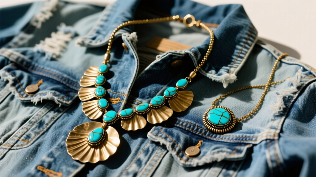 Vintage 1970s hammered brass puka shell necklaces and turquoise squash blossom pieces resting on a faded denim jacket background