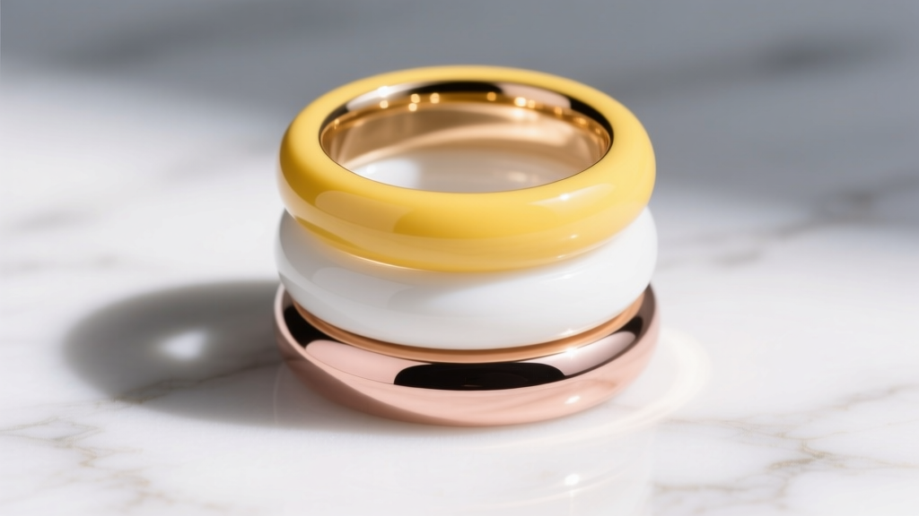 Stacked rings showing yellow, white, and rose gold colors, photographed top-down against a clean white marble background