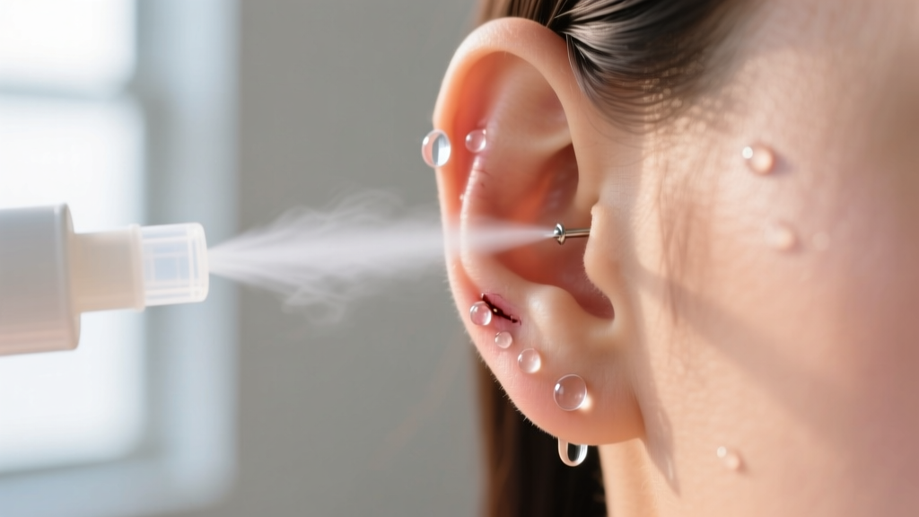 Close-up of sterile saline spray misting a healing ear piercing, showing fine clear droplets against soft, warm and natural skin.