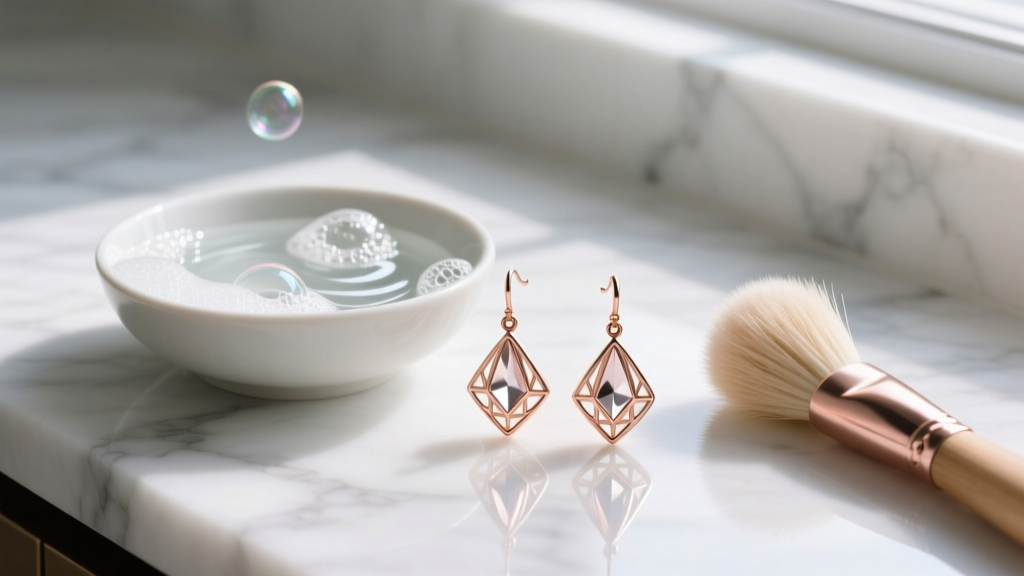 A bowl of soapy water and a soft brush next to rose gold drop earrings resting on a clean white marble countertop surface.