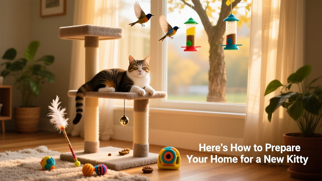 A happy indoor cat lounging on a cat tree beside a sunny window, with bird feeders visible outside and interactive toys scattered nearby