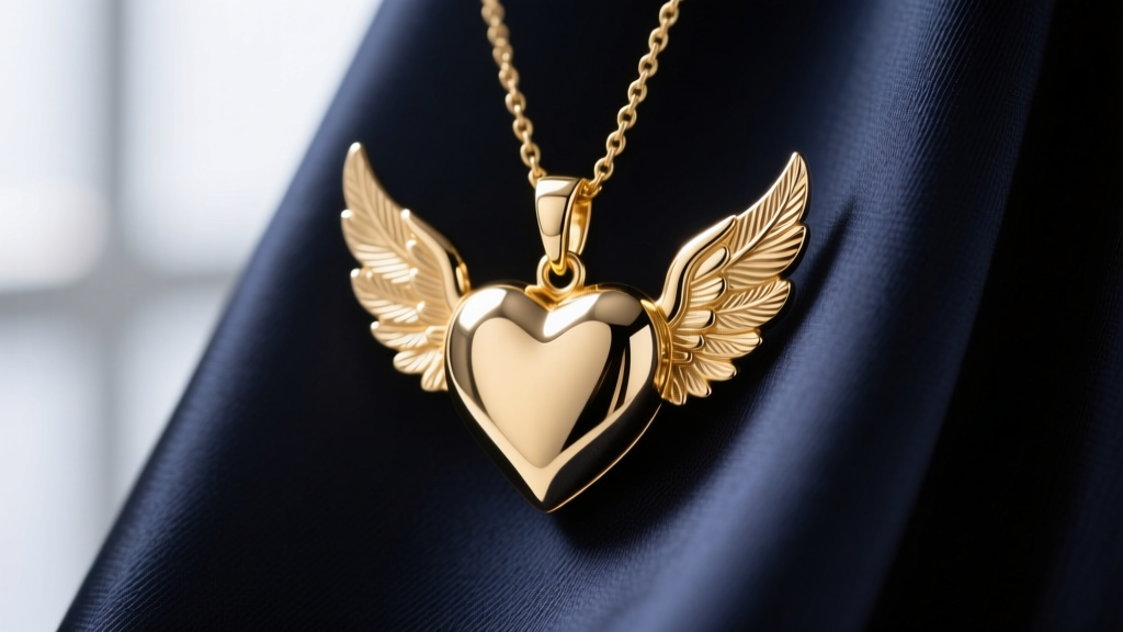 Macro shot of a 14k gold heart with angel wings necklace on dark silk, showing intricate feather engraving and a brilliant high polish.