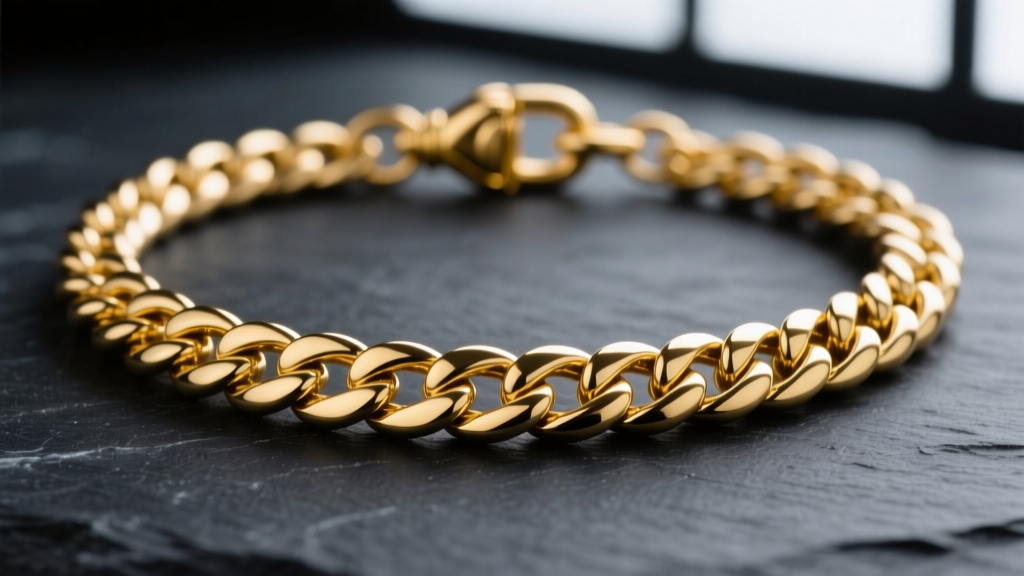 Macro shot of a 4mm 18k yellow gold Cuban link chain necklace with lobster clasp on dark slate emphasizing metallic reflections.