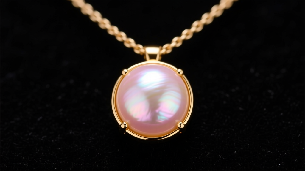 Close-up of a mabe pearl necklace pendant in a gold bezel, showing pink overtones on the domed nacre against dark velvet.