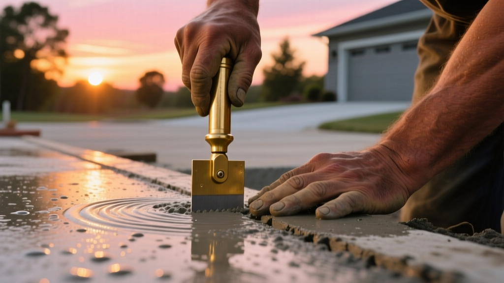 Close-up of a worker tooling a fresh control joint into a wet concrete driveway using a brass grooving tool at sunset