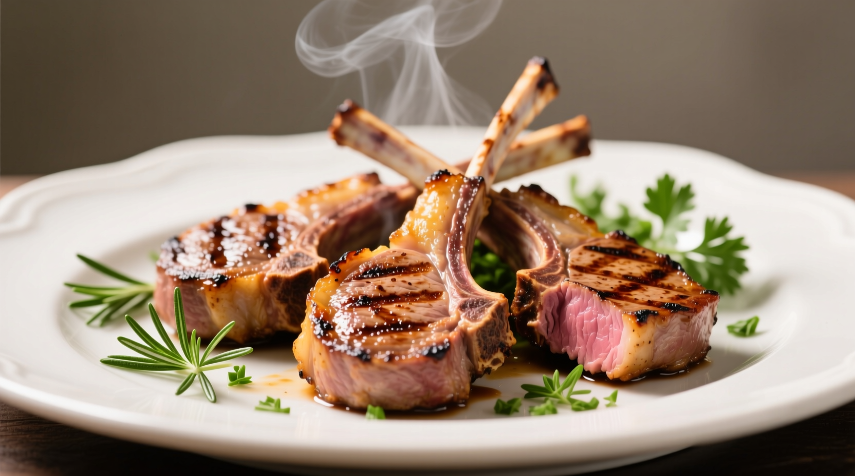 Perfectly seared lamb chops with herb garnish on white plate