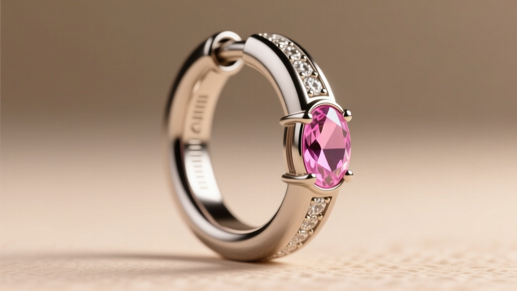 Side profile of 16-gauge titanium clicker hoop featuring channel-set pink opal, shown against a softly blurred neutral background