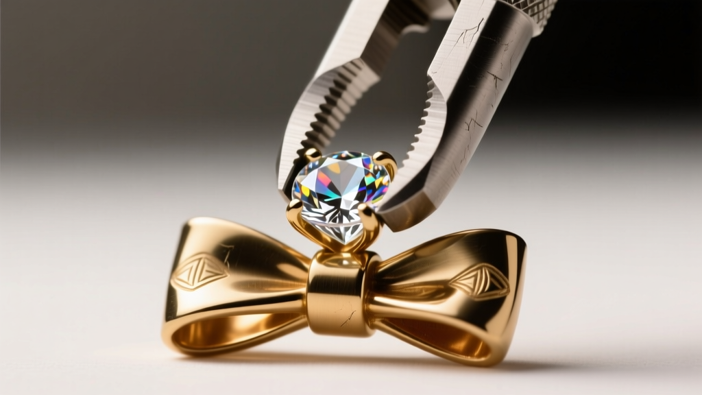 Close-up of a tool securing a glass rhinestone into a brass bow base, showing metal claws gripping the crystal girdle tightly.