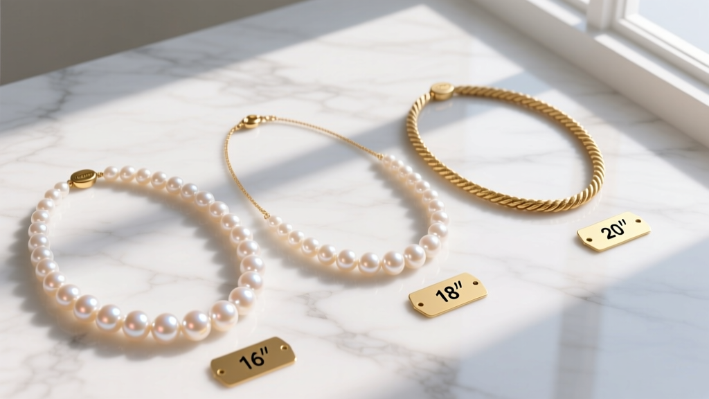 Flat lay of three pearl necklaces in matinee, opera, and rope lengths on white marble, gold tags showing exact inch measurements.