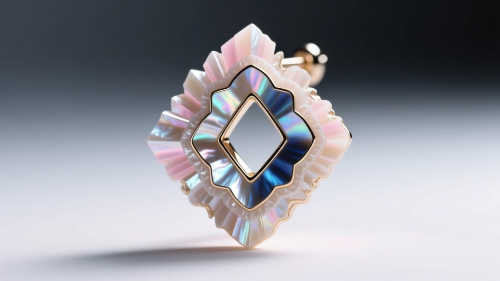 Close-up cross-section of carved mother-of-pearl earring showing layered calcium carbonate structure under bright studio lighting.