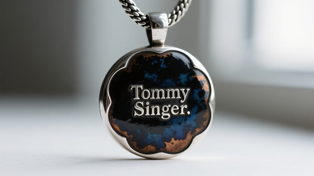 Close-up of a vintage Tommy Singer sterling silver hallmark stamped on the back of a heavy naja pendant with deep oxidized patina