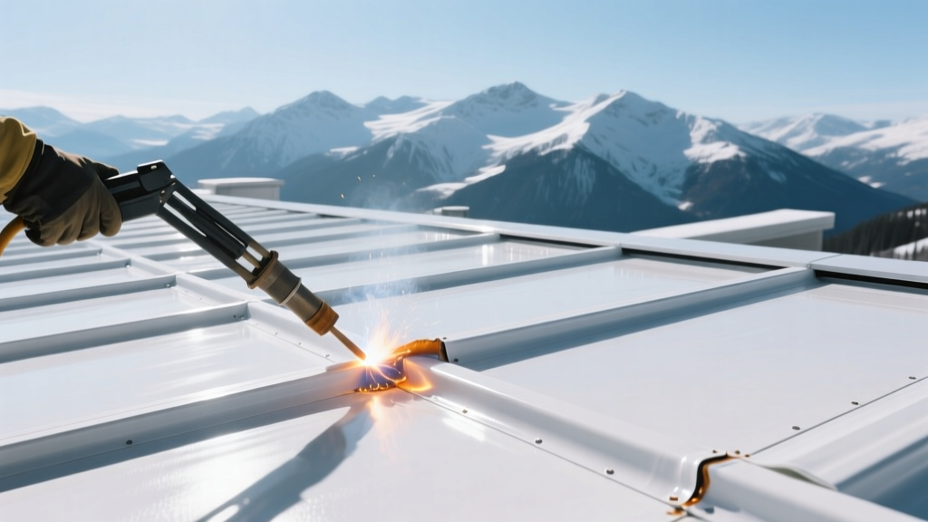 Low-slope commercial roof installation showing white TPO membrane seams being heat-welded with snow-capped mountains in the background