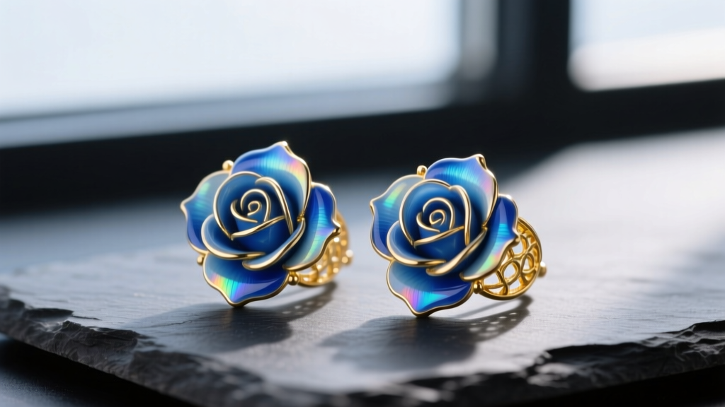 Macro shot of intricate blue rose earrings with vitreous enamel petals set in 18k yellow gold, resting on dark slate.