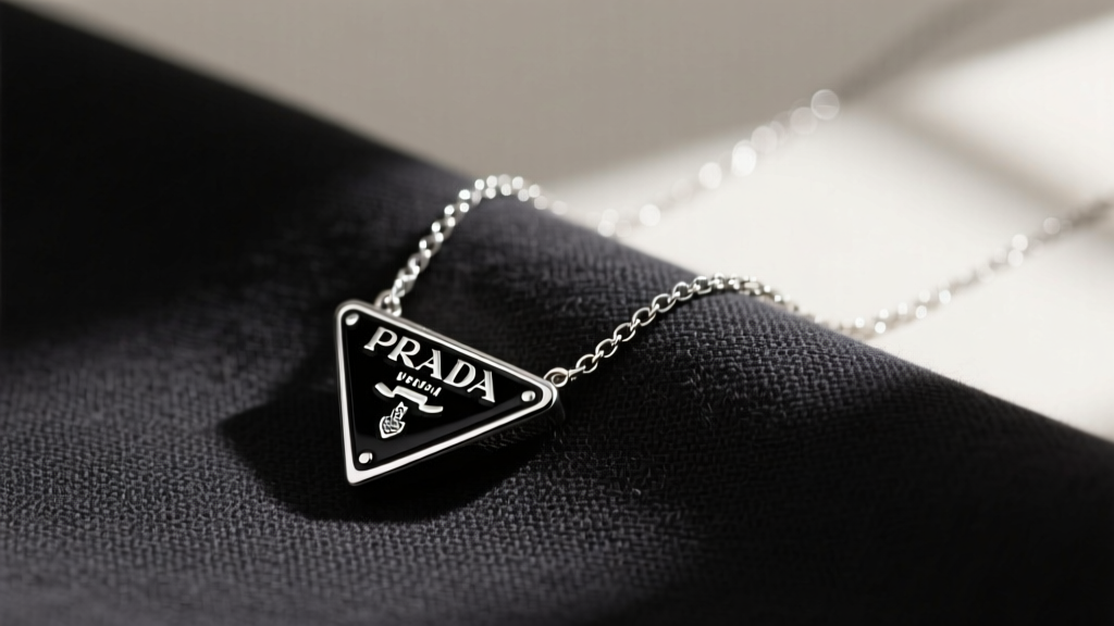 Black Prada triangle enamel pendant on dark linen, soft lighting highlighting the glossy finish and attached sterling silver chain