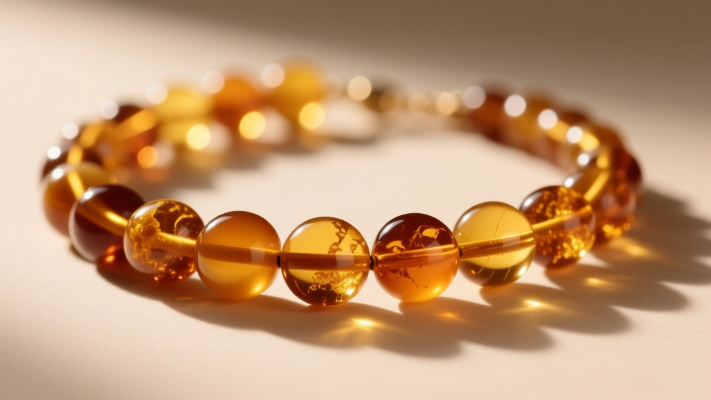 Macro photo of a genuine opaque butterscotch amber necklace with 12mm round beads glowing under warm, direct natural sunlight.