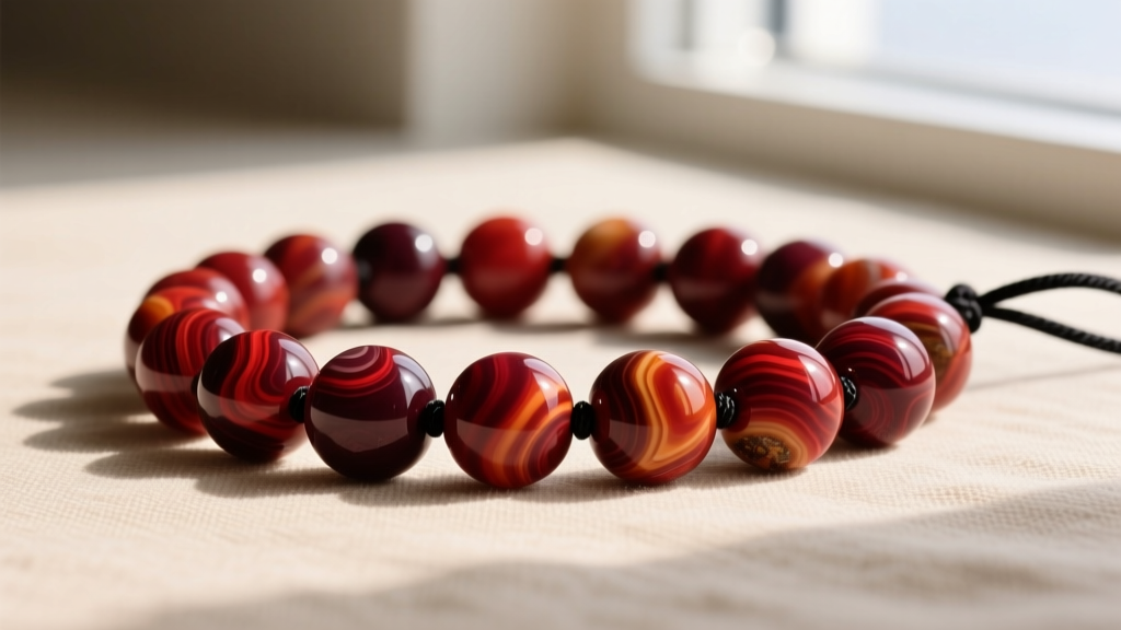 Close-up of red Imperial Jasper beads showing natural banding, strung on dark silk thread against a soft beige linen background.
