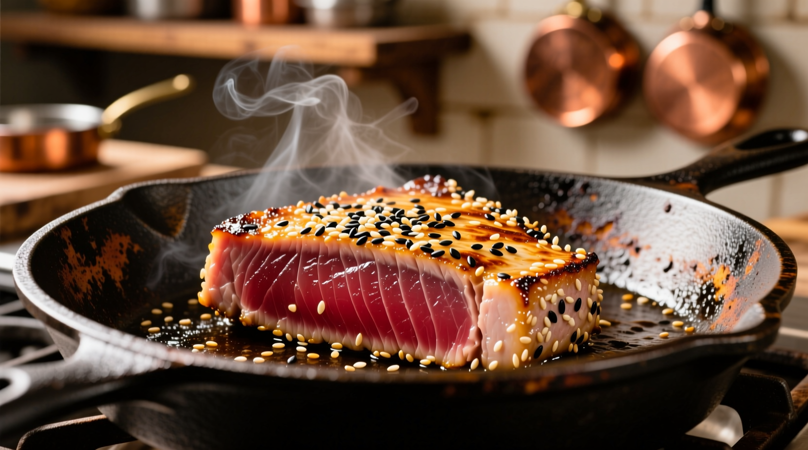Tuna steak with sesame crust on cast iron skillet