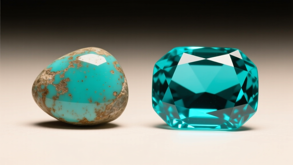 Side-by-side macro of a dull oxidized turquoise cabochon and a vibrant clean turquoise stone under warm studio lighting
