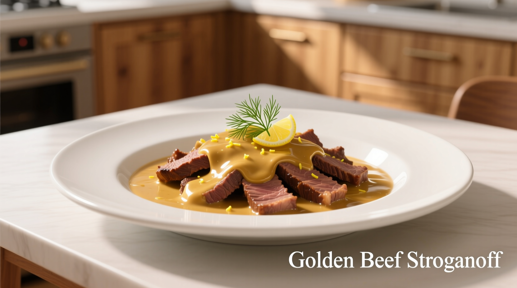 Golden beef stroganoff in white ceramic dish
