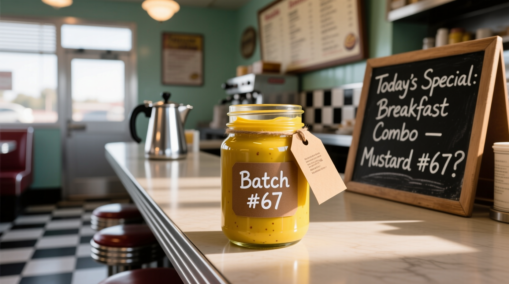Breakfast hours diner context where mustard batch numbers confuse casual customers but staff use standard yellow