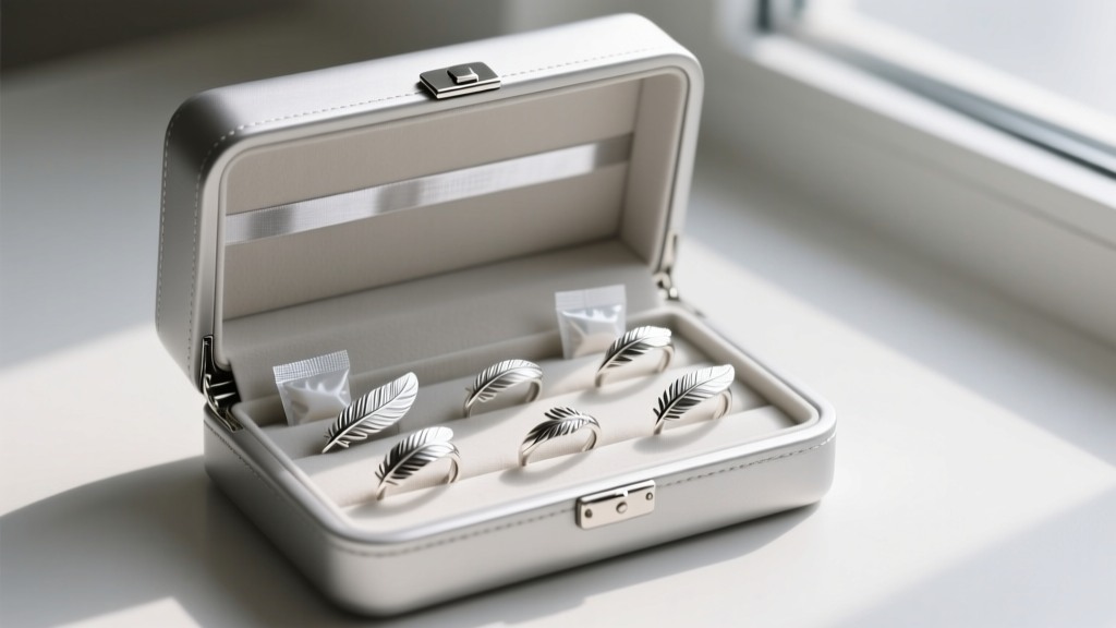 Open airtight jewelry storage box with anti-tarnish strips and silica gel packets, holding several pristine silver feather rings.
