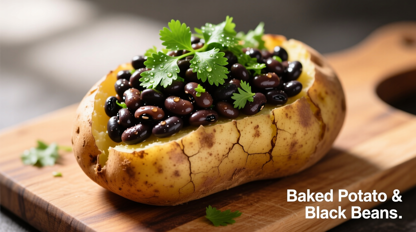 Baked potato topped with black beans and fresh cilantro