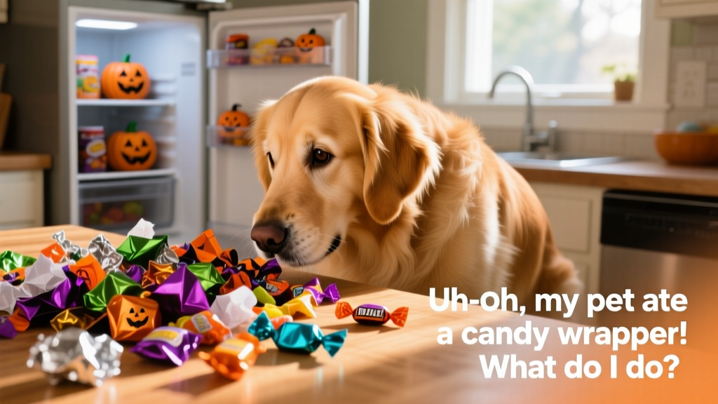 A curious dog sniffing at a colorful pile of Halloween candy wrappers on a kitchen counter
