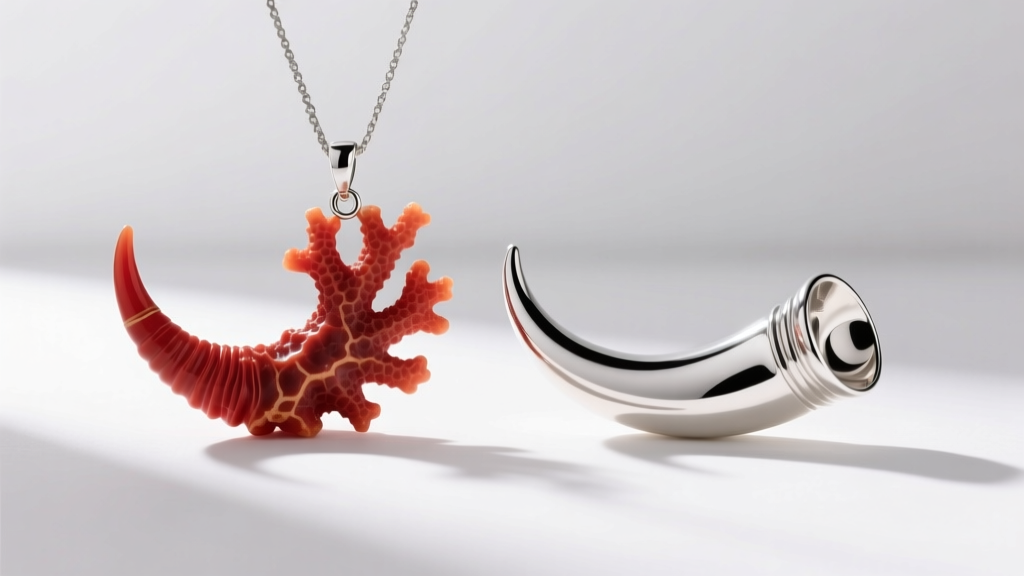 Studio comparison of a natural red coral horn pendant and a polished sterling silver Italian horn resting on a clean white surface.