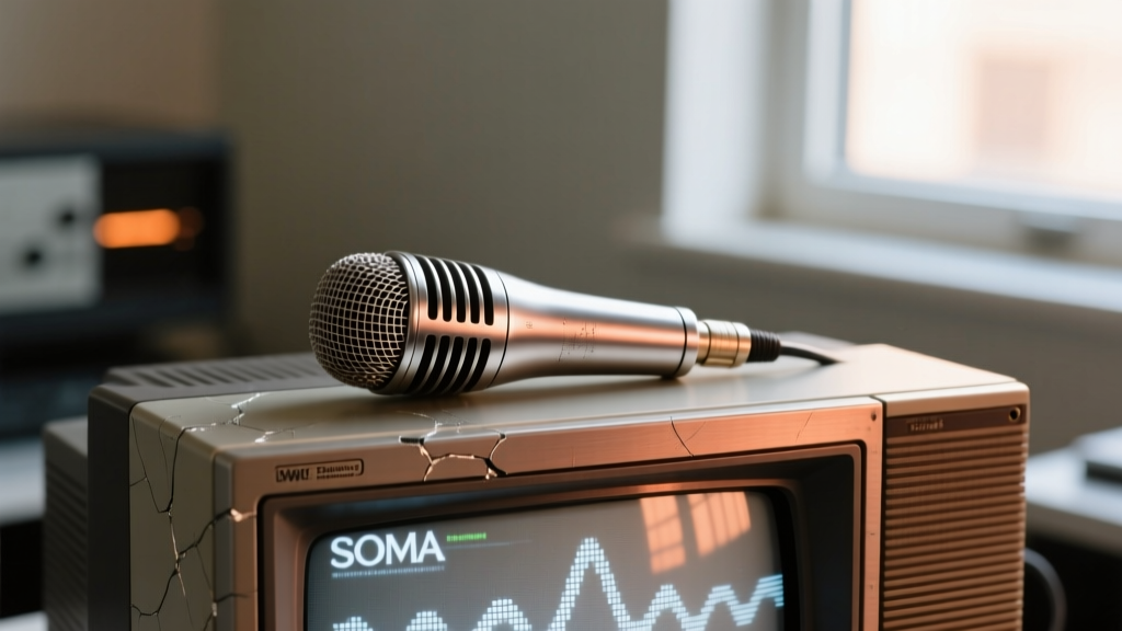 Close-up of the SOMA Laboratory Ether antenna mic resting on a vintage CRT monitor, capturing electromagnetic interference.