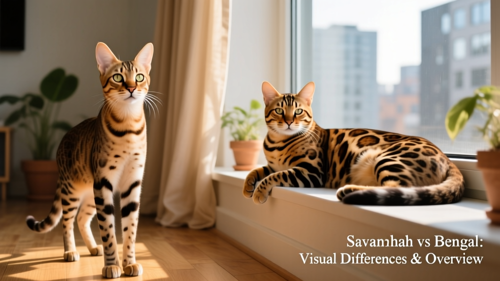 Side-by-side comparison showing a lean, tall Savannah cat standing alert next to a muscular, spotted Bengal cat lounging on a sunlit windowsill