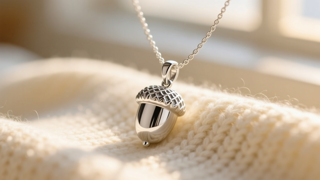 Close-up of a 925 sterling silver acorn tooth necklace holder pendant resting on a cream knit blanket in warm morning light.