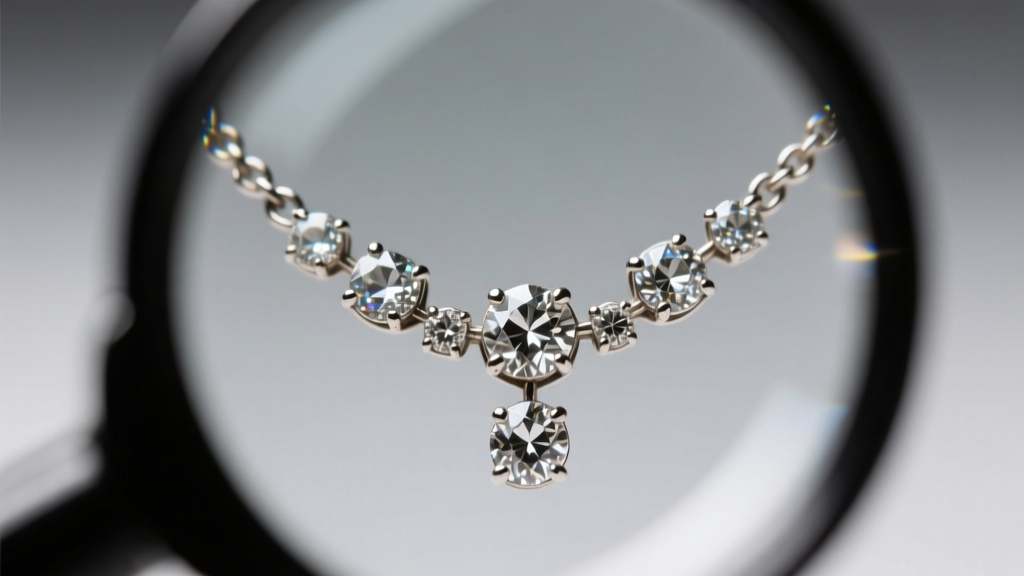 Close-up through a loupe showing worn diamond bezels and thinning prongs on an Edwardian platinum heirloom pendant necklace