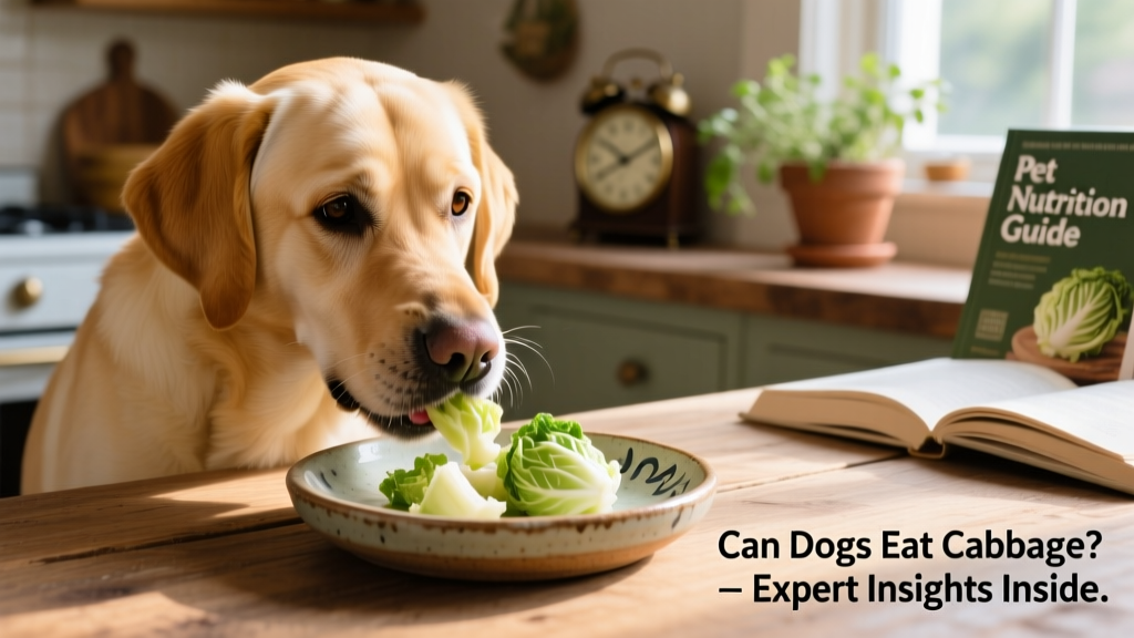 Close-up of a dog gently eating small, steamed cabbage pieces from a shallow ceramic dish