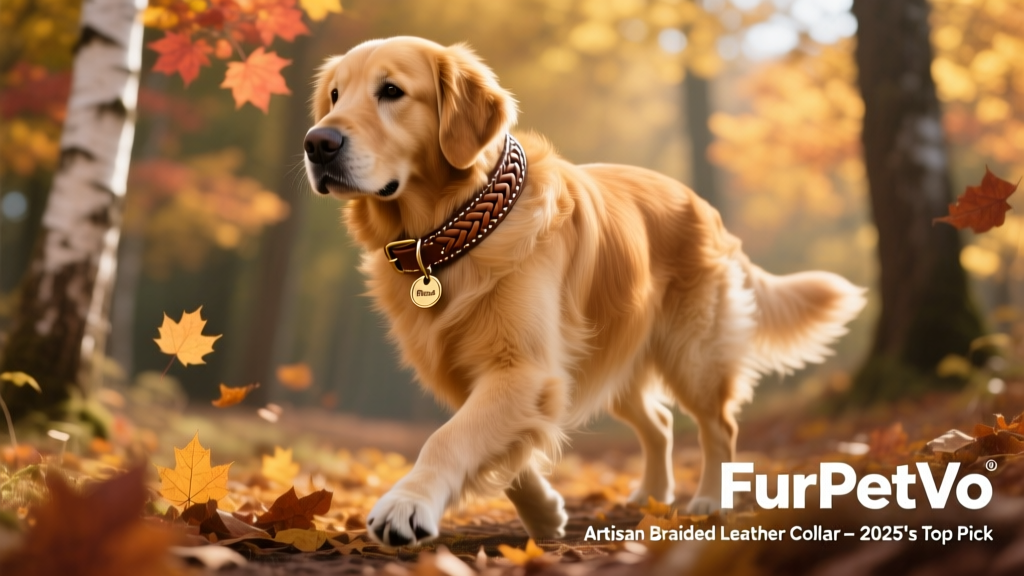 Adult Golden Retriever wearing the FurPetVo Artisan Braided Leather Collar during a scenic walk in autumn woods