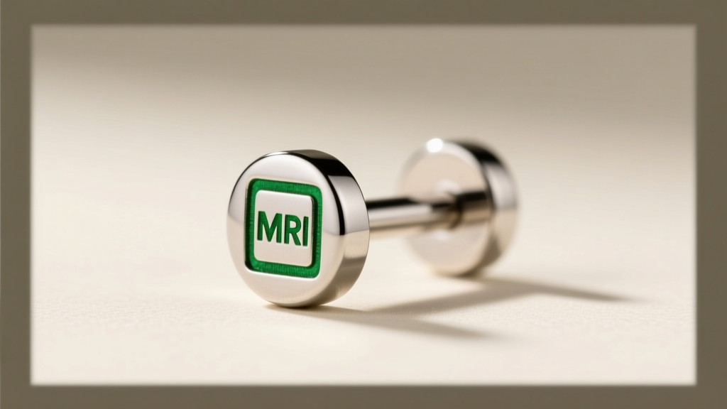 Macro shot of a titanium flat back labret earring with a laser-etched green MRI safe square mark on the metal post.