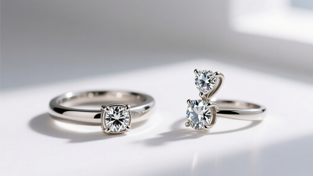 Side profile comparing a bezel-set and prong-set diamond love pendant, showing metal framing and light entry angles clearly.