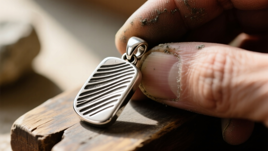 Macro view of a worn silver pendant bail with deep friction grooves, resting beside a jeweler's loupe and a steel soldering pick.