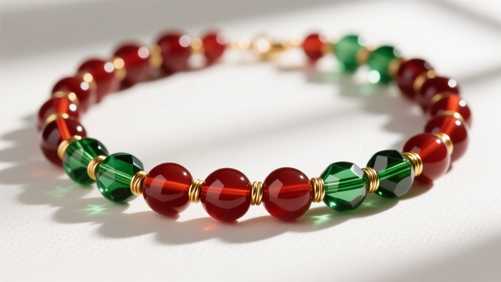 Close-up of a luxurious christmas bead necklace with deep red carnelian and green glass beads on gold wire, soft lighting.