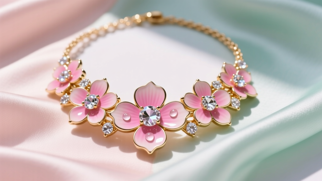 Flat lay of a vibrant Betsey Johnson flower necklace with pink enamel petals and clear crystal centers on pastel silk fabric.
